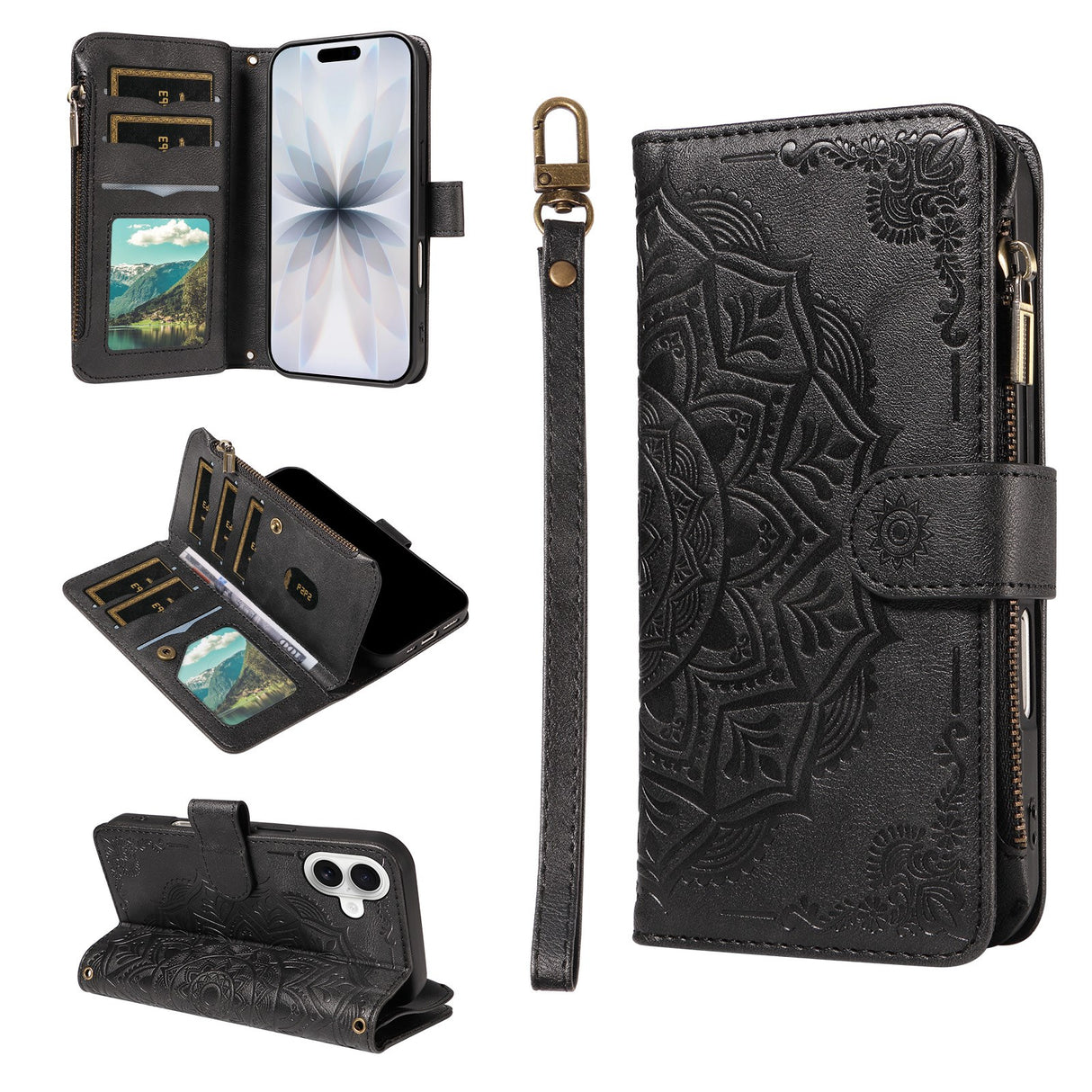 iPhone 17 EIDERWOOD Flip Case with 9 x Card Holder - Zipper Pocket - RFDI Blocking - Strap - Black