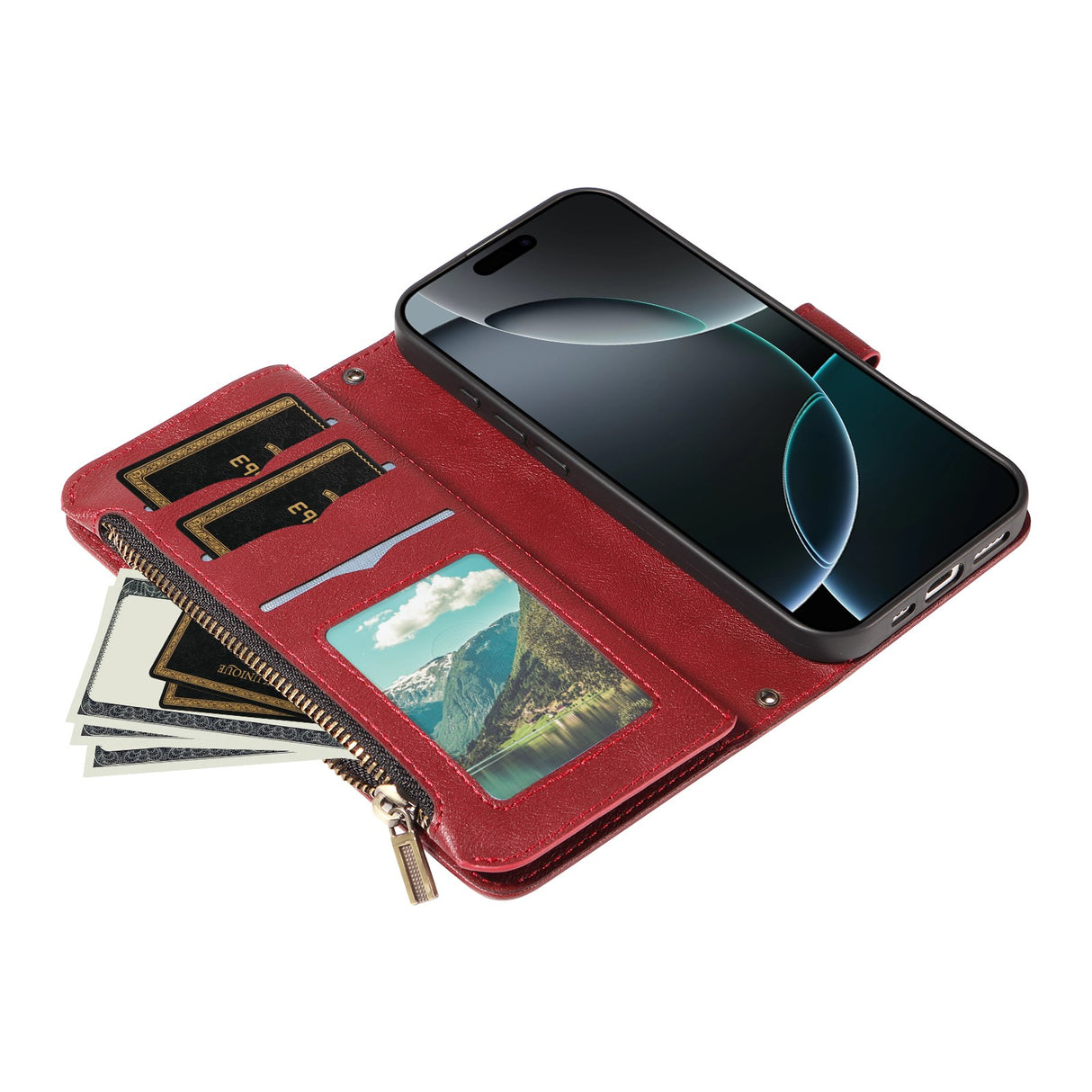 iPhone 17 EIDERWOOD Flip Case with 9 x Card Holder - Zipper Pocket - RFDI Blocking - Strap - Red