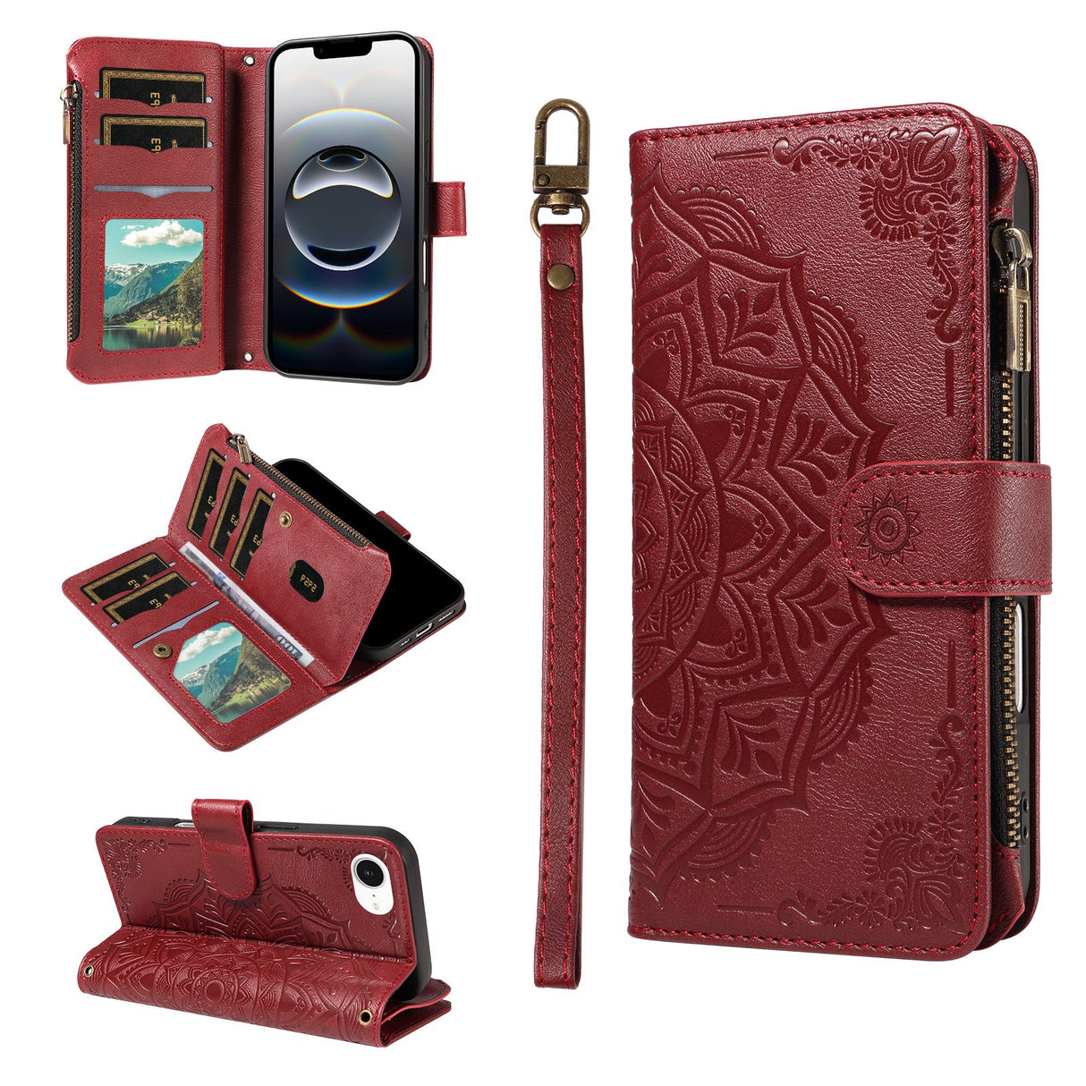 iPhone 17e / 16e EIDERWOOD Flip Case with 9 x Card Holder - Zipper Pocket - RFDI Blocking - Strap - Red