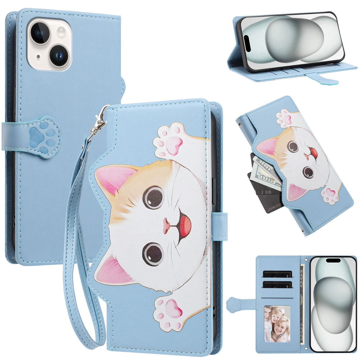iPhone 14 / 13 Flipcase with 3D Cat Ears - Card Holder & Stand Function - Blue