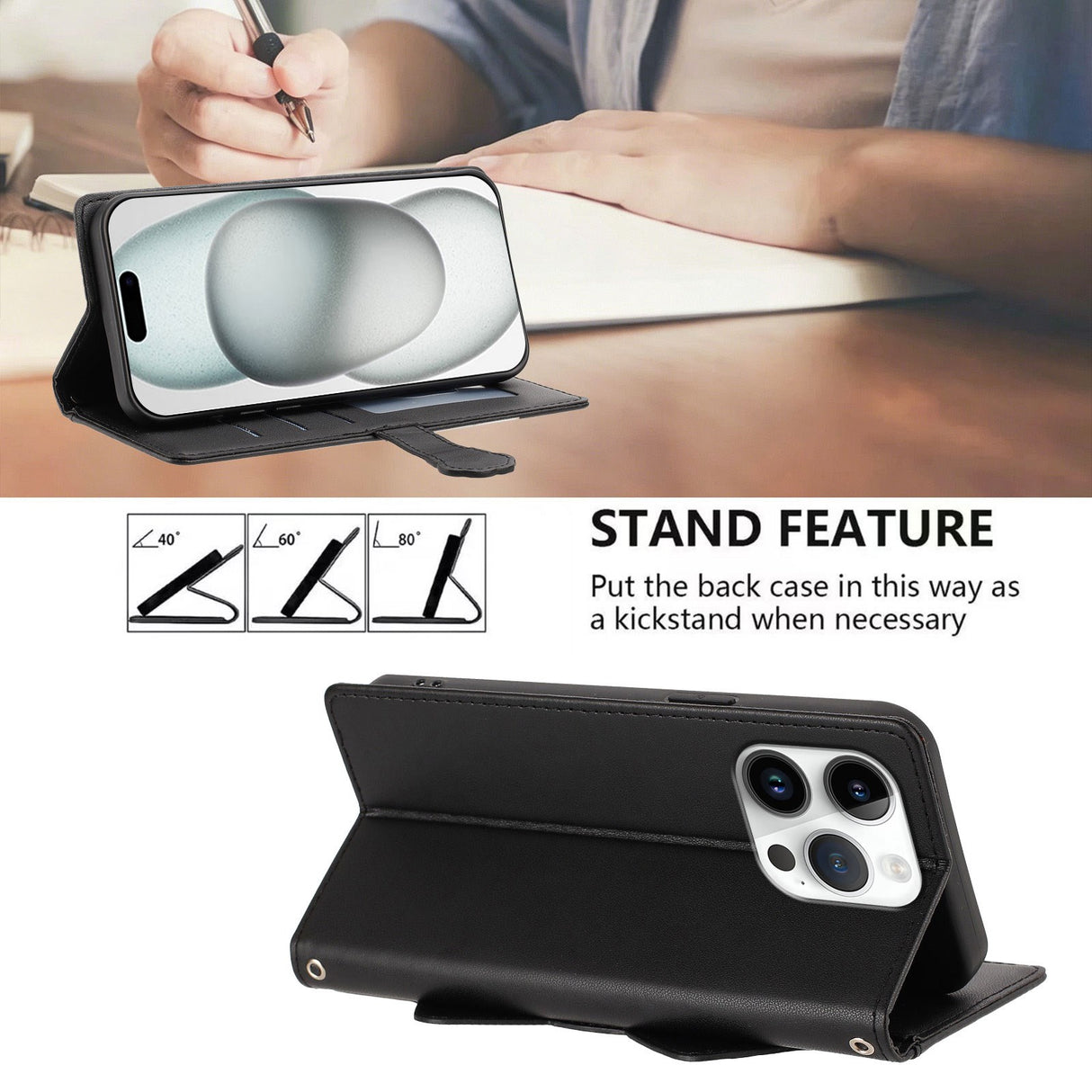 iPhone 16 Pro Flipcase with 3D Cat Ears - Card Holder & Stand Function - Black