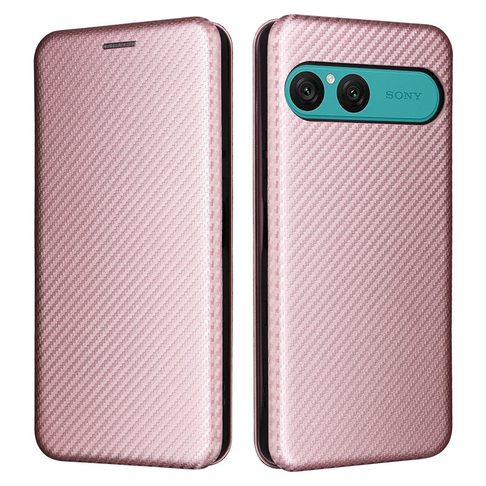 Sony Xperia 10 VIII EIDERWOOD Artificial Leather Case with Carbon Fibre Texture and Kickstand Strop - Pink