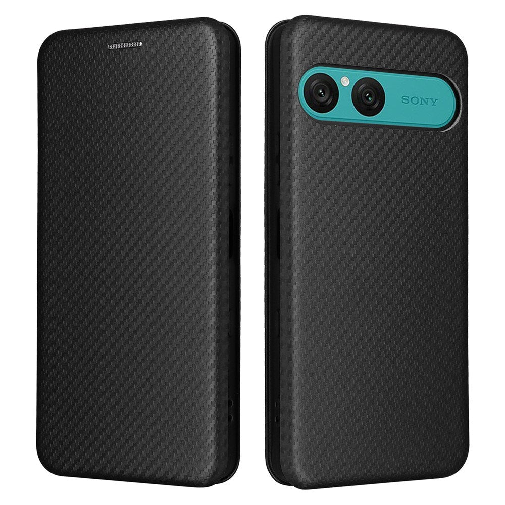 Sony Xperia 10 VIII EIDERWOOD Artificial Leather Case with Carbon Fibre Texture and Kickstand Strop - Black