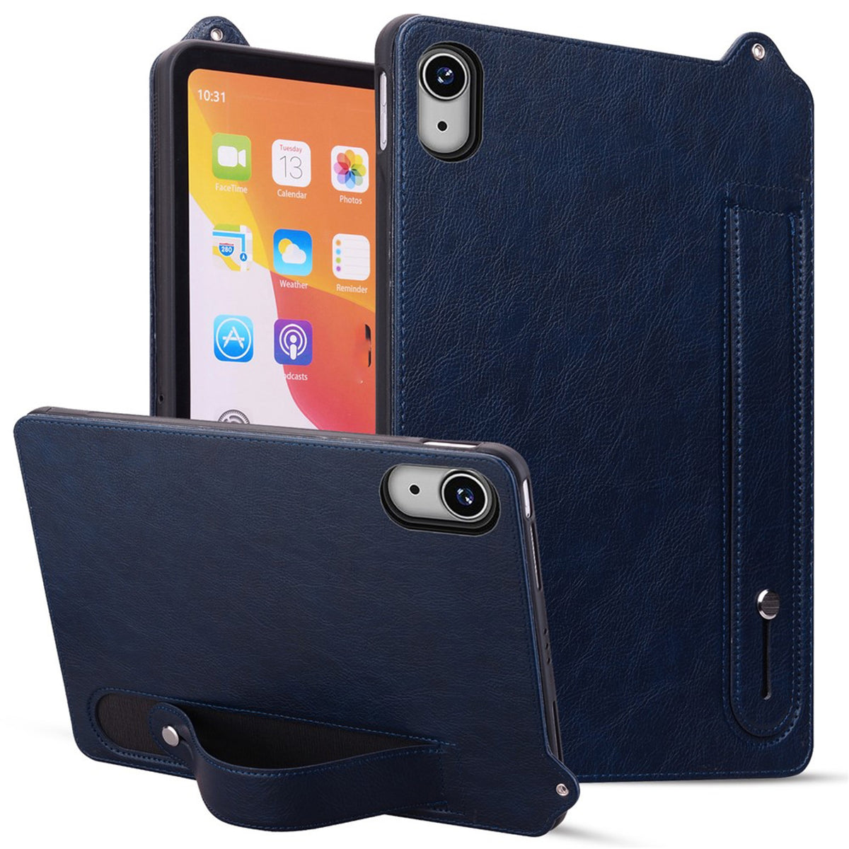 iPad Mini (2026) 8th Gen. EIDERWOOD Faux Leather Back Case with Strap Kickstand - Blue