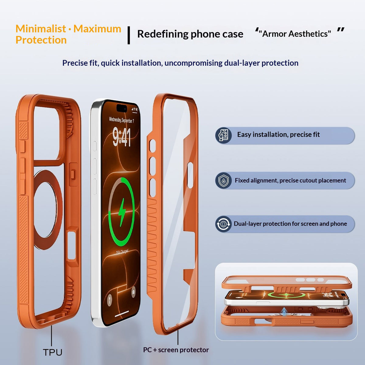 iPhone 18 Pro / 17 Pro EIDERWOOD Case with Screen Protector and Stand Function - MagSafe Compatible - Orange / Transparent