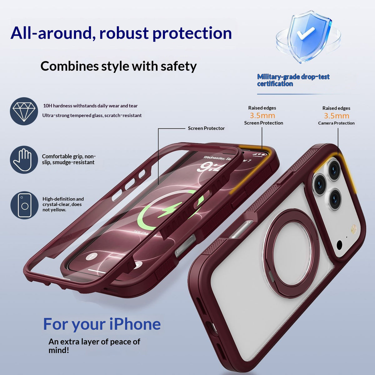 iPhone 18 Pro / 17 Pro EIDERWOOD Case with Screen Protector and Stand Function - MagSafe Compatible - Red / Transparent
