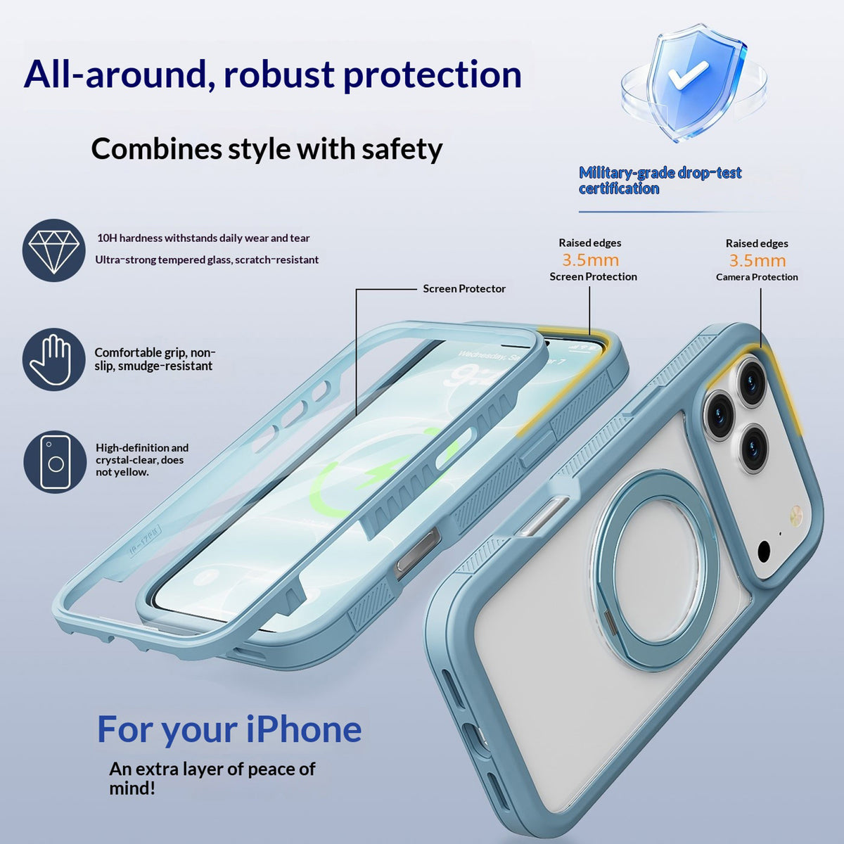 iPhone 18 Pro / 17 Pro EIDERWOOD Case with Screen Protector and Stand Function - MagSafe Compatible - Blue / Transparent