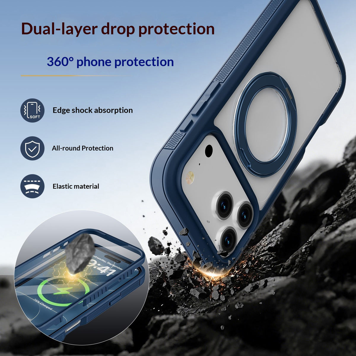 iPhone 18 Pro / 17 Pro EIDERWOOD Case with Screen Protector and Stand Function - MagSafe Compatible - Blue / Transparent