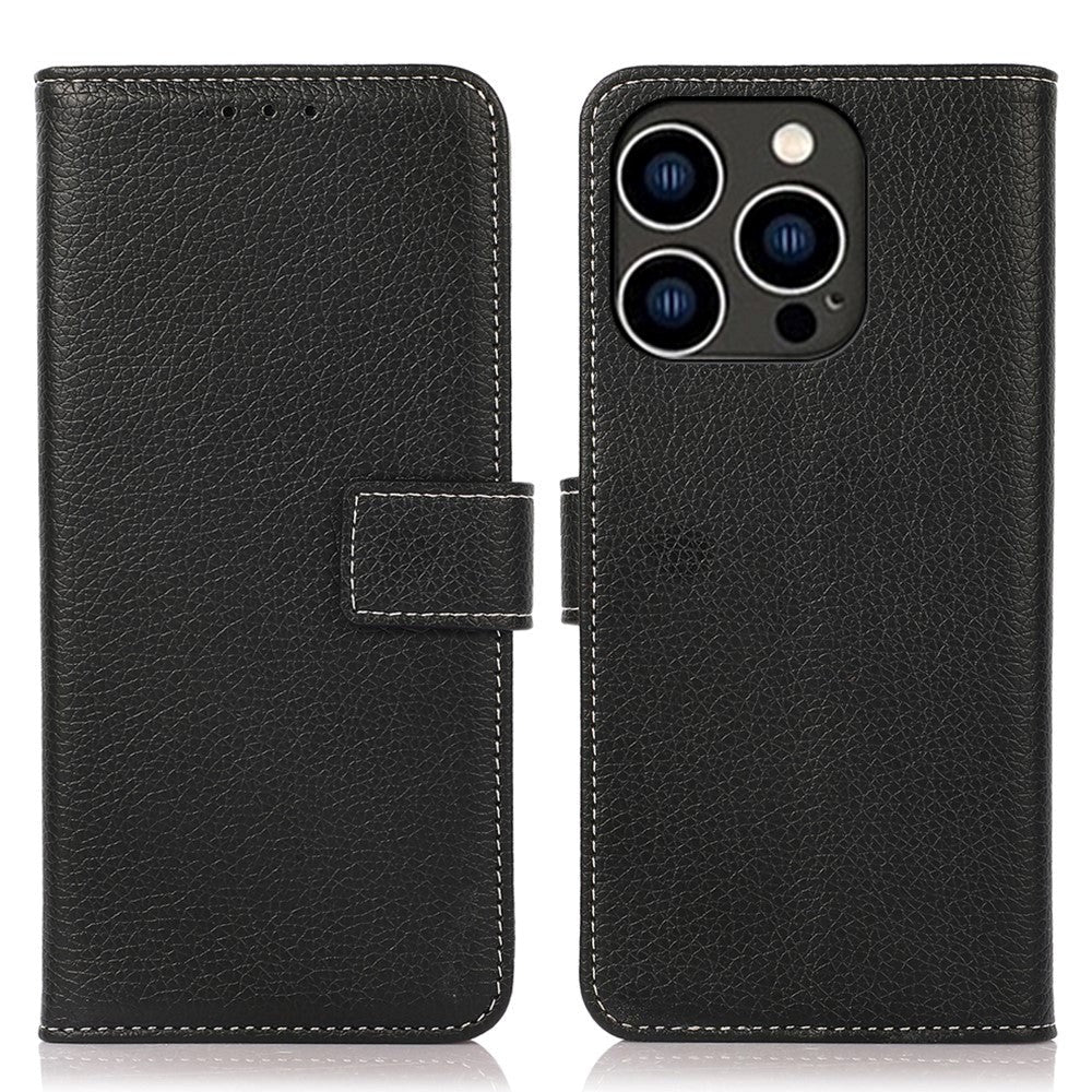 iPhone 15 Pro Litchi Leather Flip Cover w. White Stitches and Wallet - Black