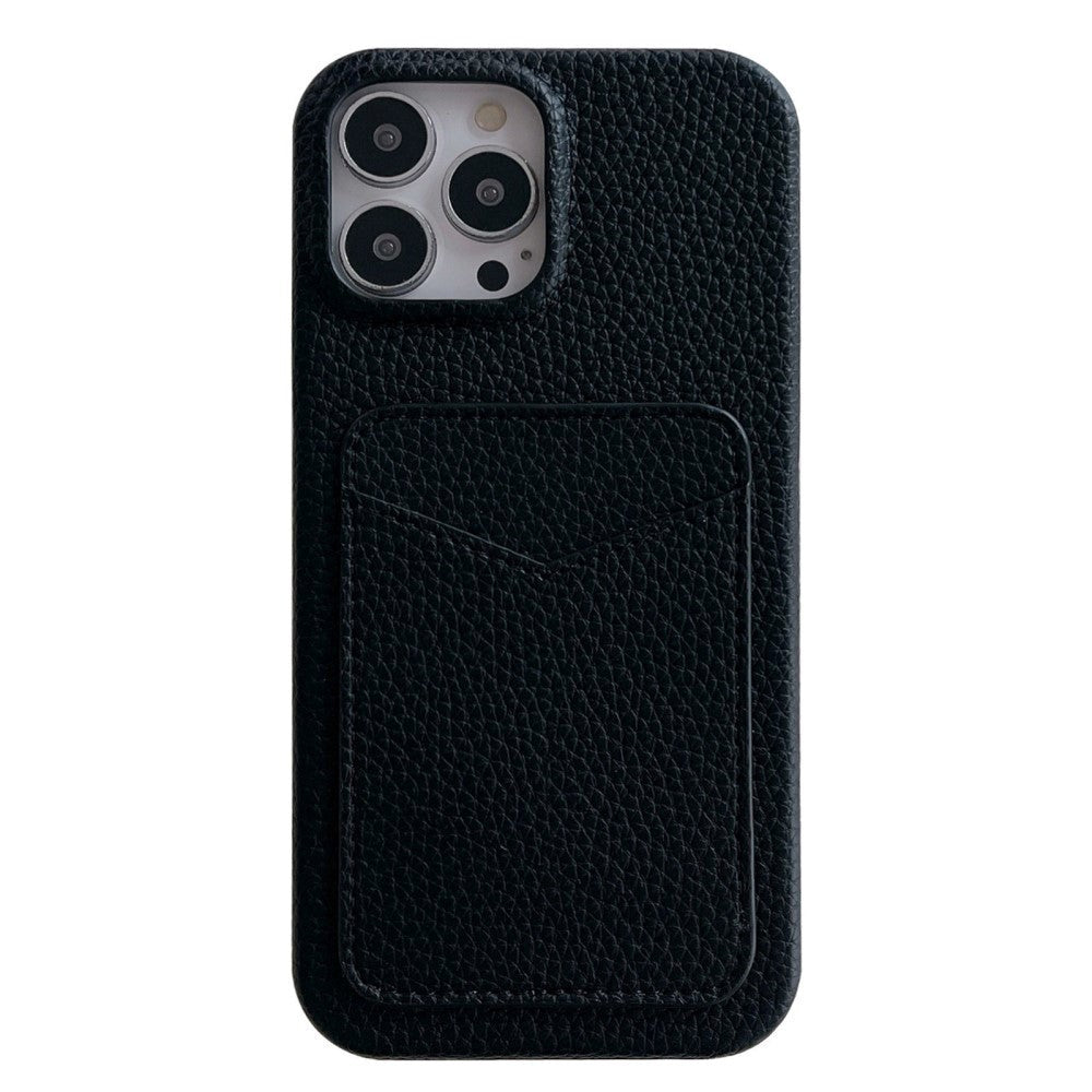 iPhone 15 Litchi Leather Covered Plastic Case with Card Holder - Black
