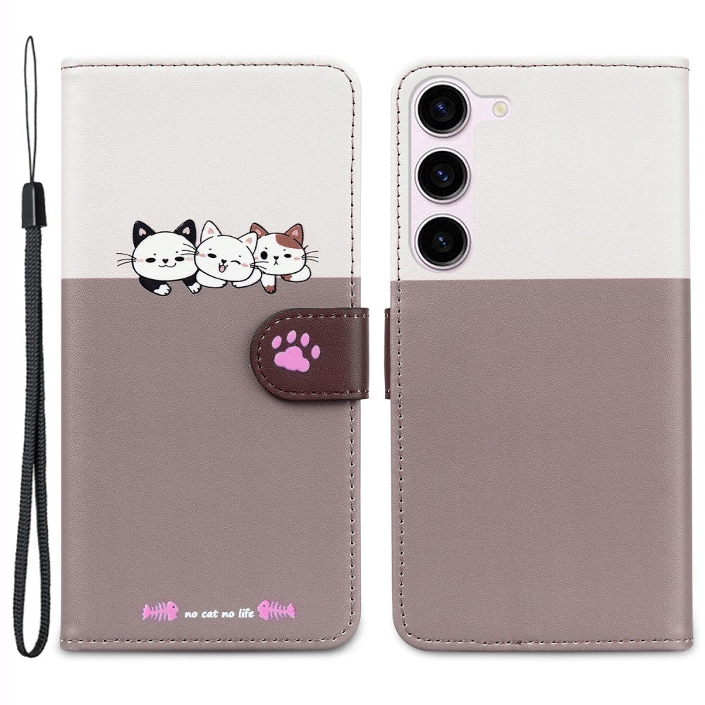 Samsung Galaxy S24+ (Plus) Flip Case with Strap / Standing function / Card Holder - White / Brown (Cats)