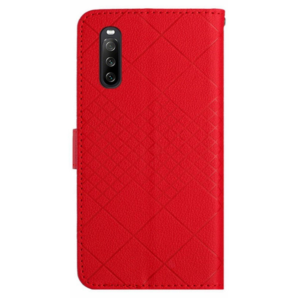 EIDERWOOD Sony Xperia 10 VI Leather Flip Case w. Wallet & Strap - Rhombus Engraving - Red