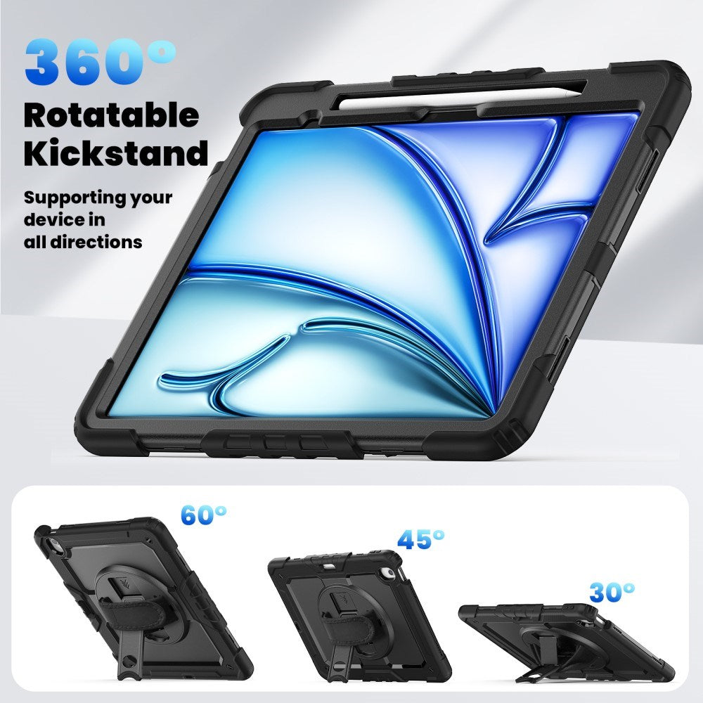 iPad Air 13" (2025 / 2024) Hybrid Case with Built-in Screen Protector - Kickstand - Shoulder Strap - Black