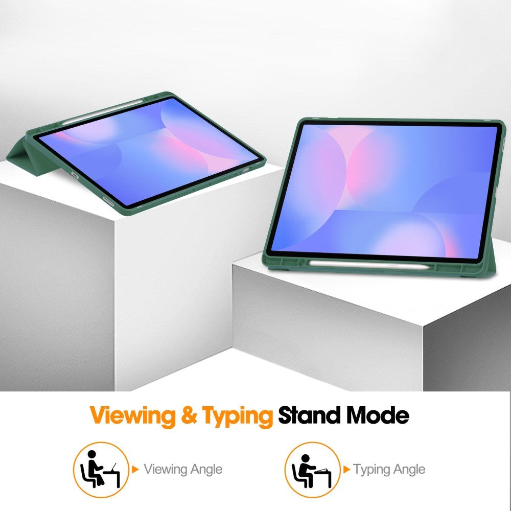 EIDERWOOD Samsung Galaxy Tab S10 FE+ (Plus) Tri-Fold Faux Leather Flip Case with Stylus Pen Holder - Dark Green
