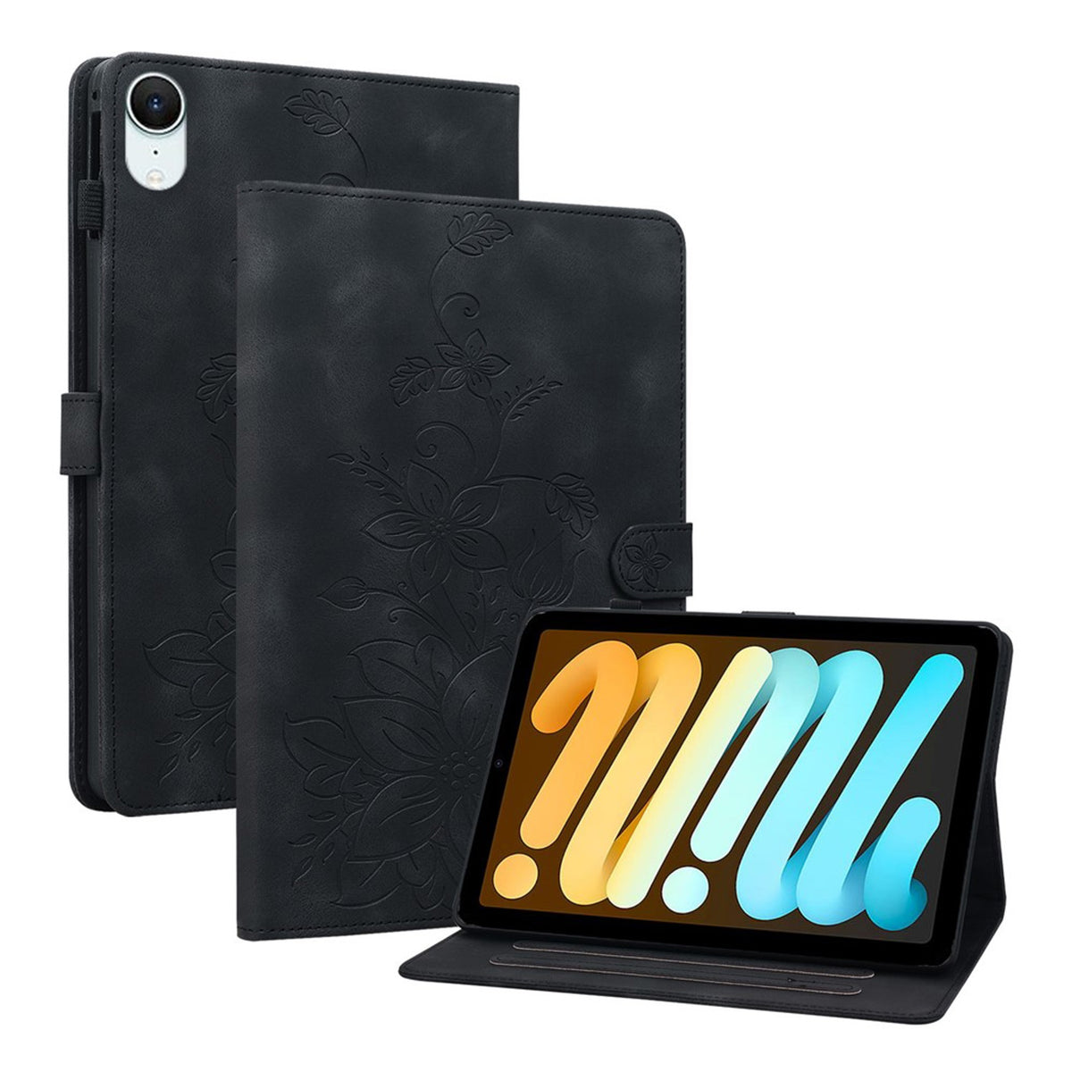 iPad Mini (2026) 8th Gen. EIDERWOOD Floral Textured Faux Leather Flip Case - Black