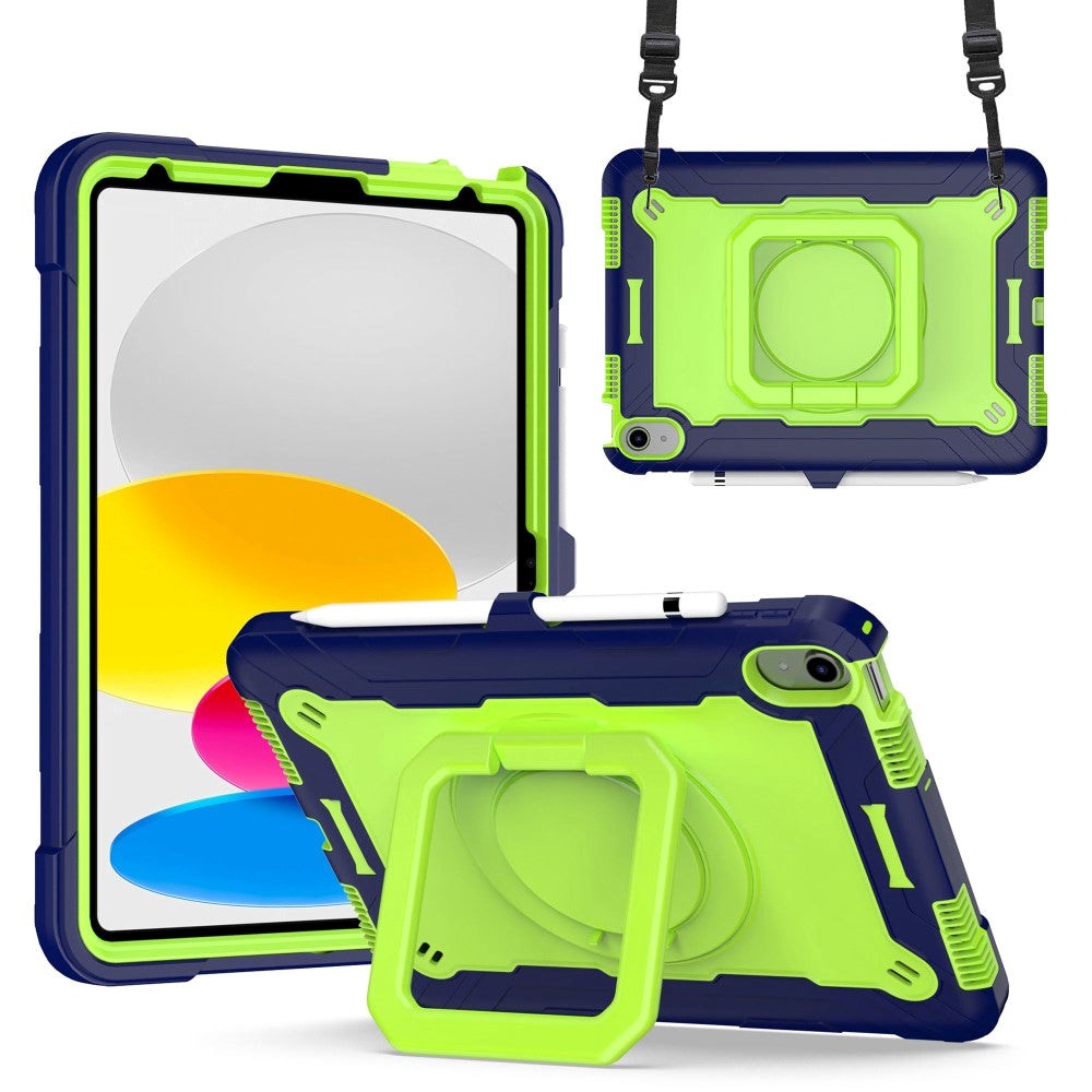 iPad 10.9" (2024/2022) Tough Silicone Cover w. 360 Degree Stand & Carrying Strap - Green / Blue