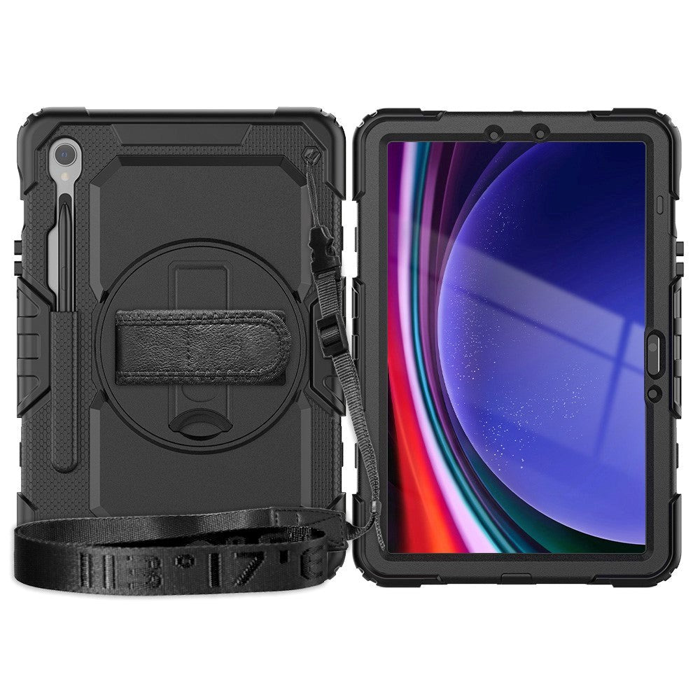 Samsung Galaxy Tab S9 Tough Case w. Protective Film, Hand Holder & Shoulder Strap - Black