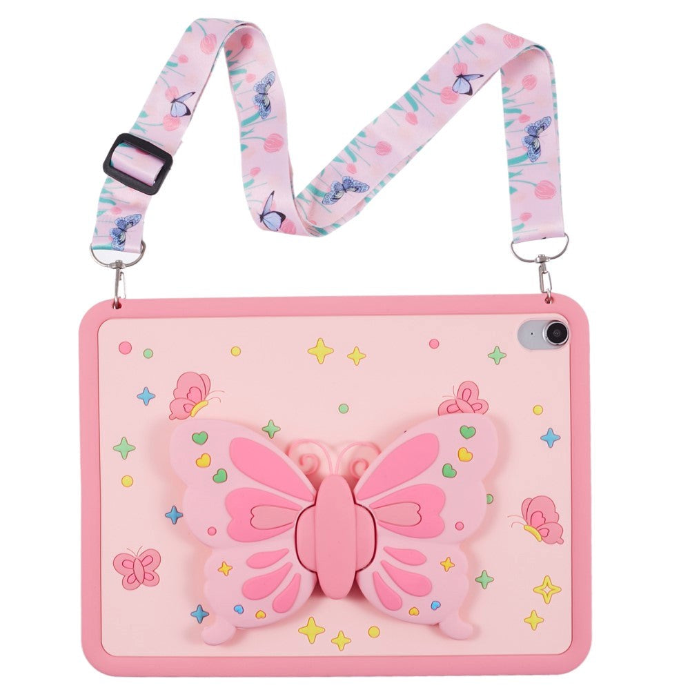 iPad 10.9" (2024/2022) Kids Case - Butterfly Kickstand Silicone Case w. Shoulder Strap - Pink
