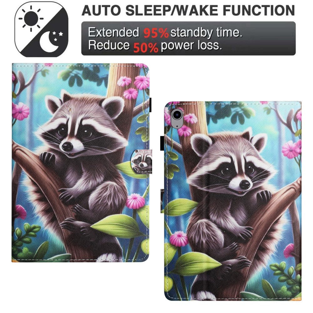 iPad 10.9" (2024/2022) Faux Leather Case w. Kickstand & Card Holder - Raccoon