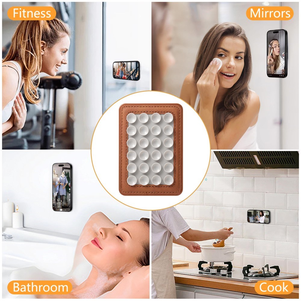 Silicone Suction Cup Mobile Holder with Faux Leather - MagSafe Compatible - Brown / White