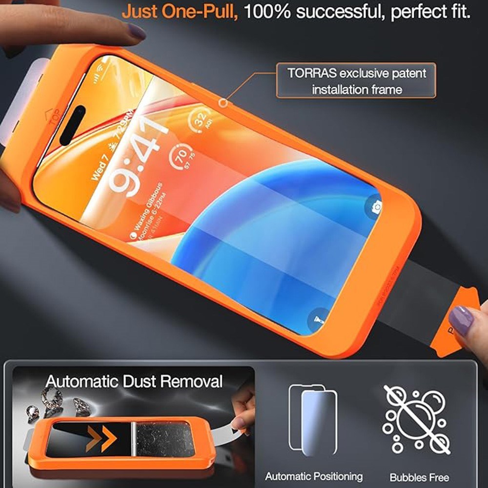 TORRAS iPhone 15 / 14 Pro Full Fit Tempered Screen Protector Glass with Installation Frame - Transparent