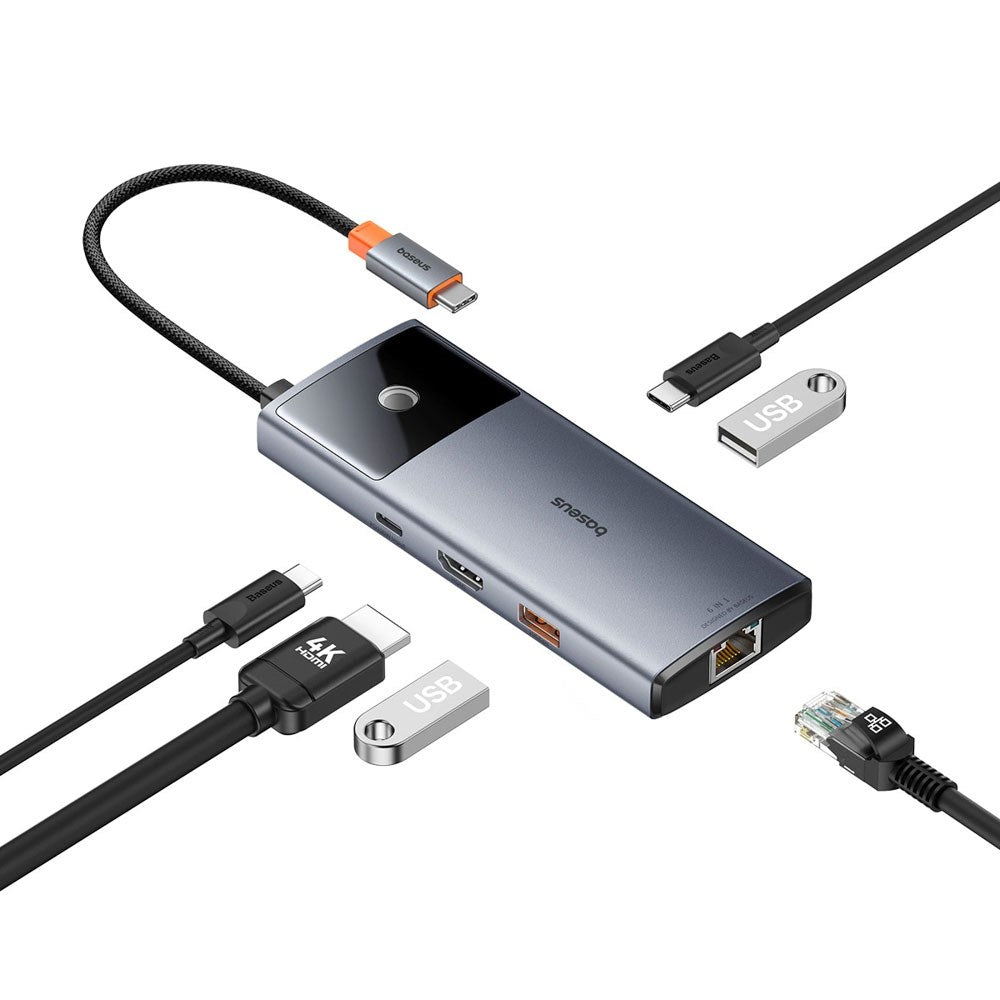 Baseus USB-C 6-in-1 Multiport Adapter with 2 x USB-C 2 x USB-A 1 x HDMI 1 x RJ45 - Gray