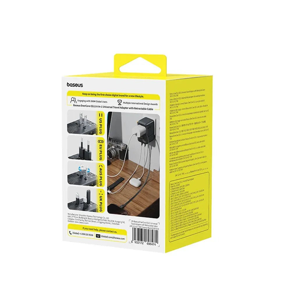 Baseus EnerCore 70W 6-in-1 Travel Adapter with Retractable USB-C Cable - Black