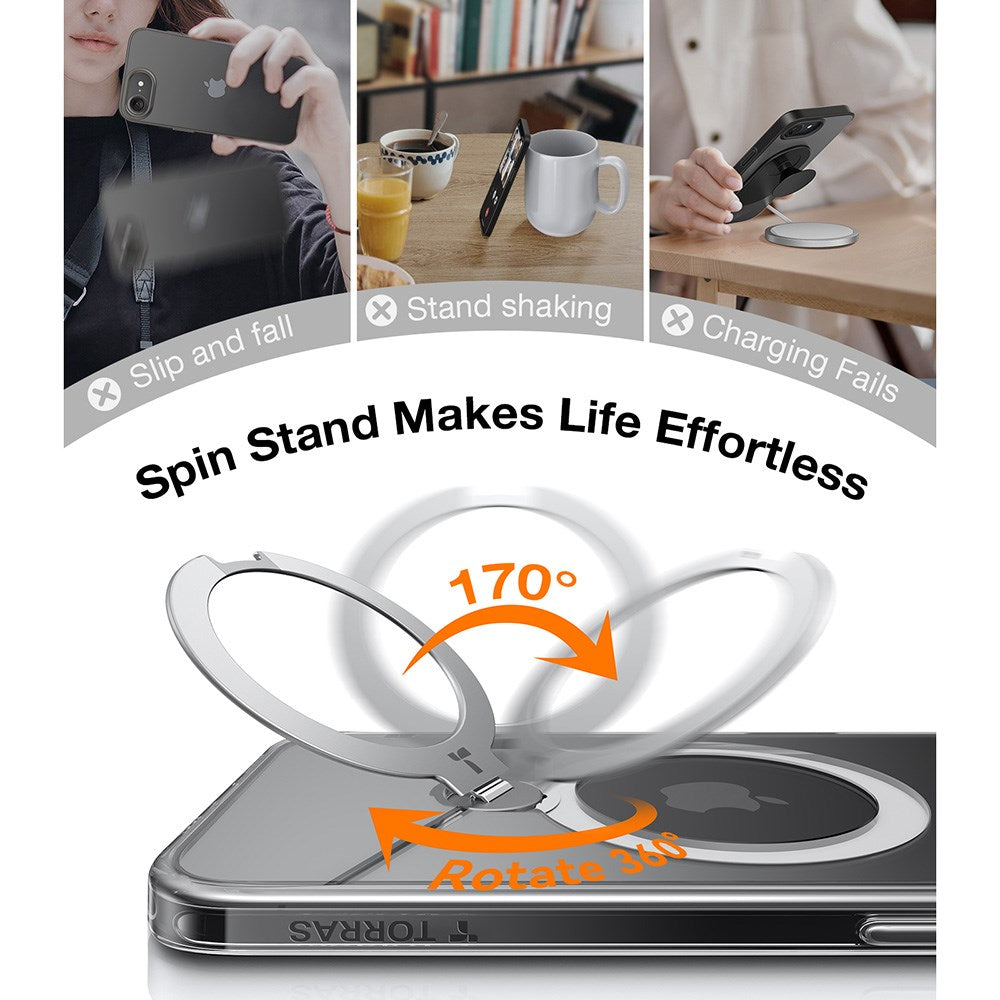 TORRAS iPhone 16e Ostand Spin Hybrid Case with Kickstand - Transparent / Silver