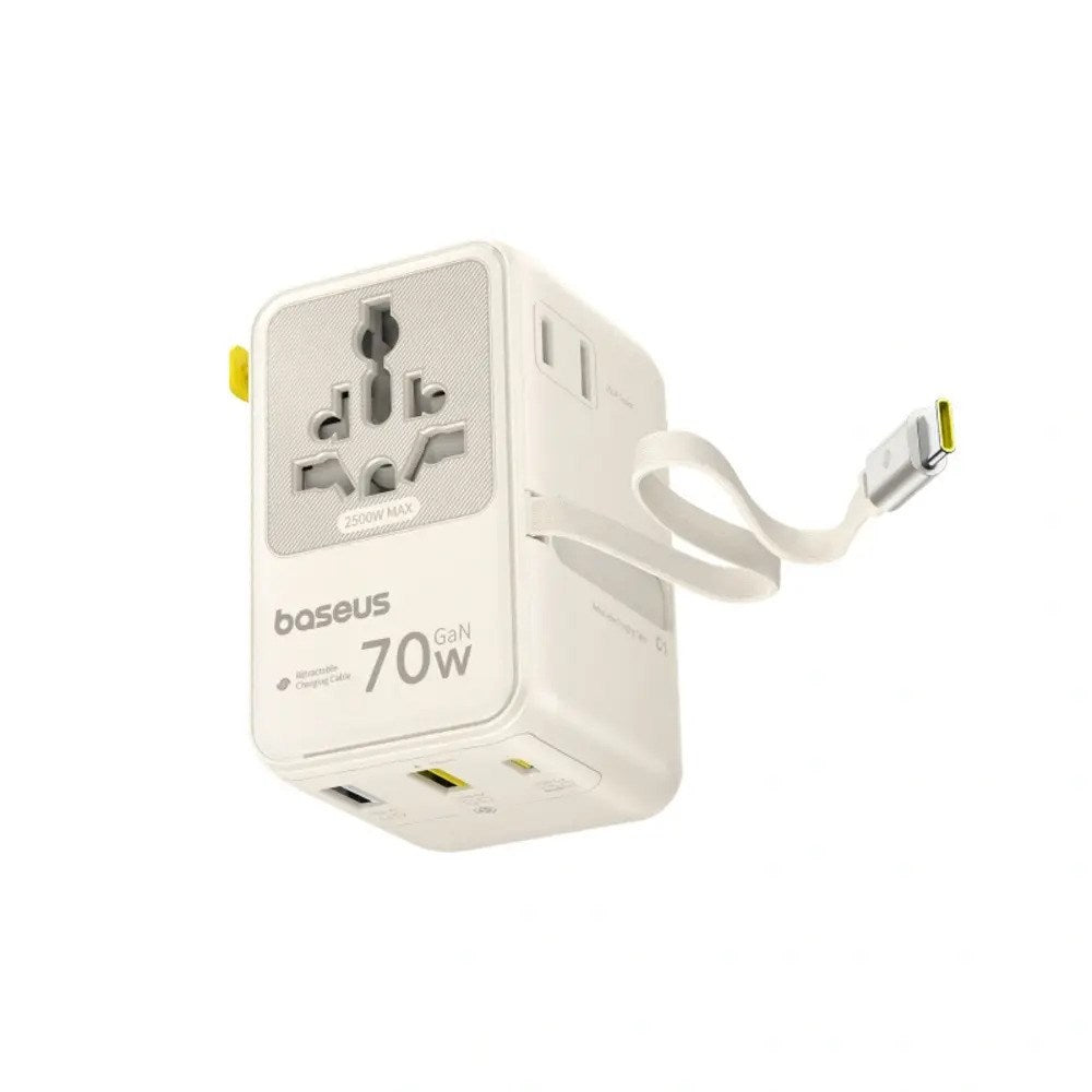 Baseus EnerCore 70W 6-in-1 Travel Adapter with Retractable USB-C Cable - White