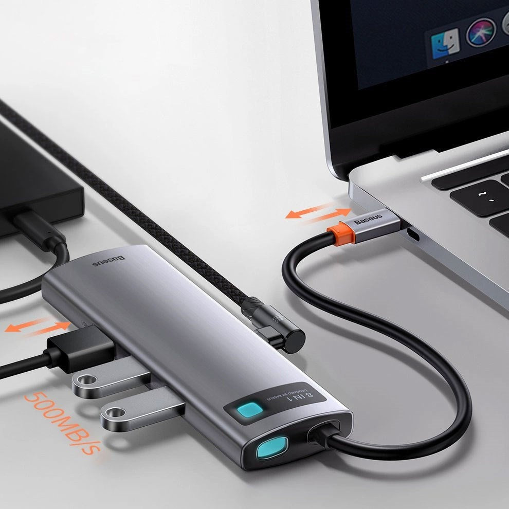 Baseus 8-in-1 USB-C Multiport Adapter with 3 x USB-A 1 x USB-C 1 x HDMI 1 x SD Card Reader 1 x MicoSD Card Reader 1 x RJ45 - Grey