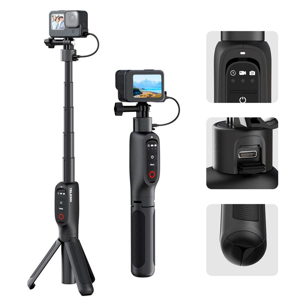 TELESIN 3-in-1 PowerBank Selfie Stick for GoPro Hero 9 / 10 / 11 / 12 / 13 / MAX - 5000 mAh - Black
