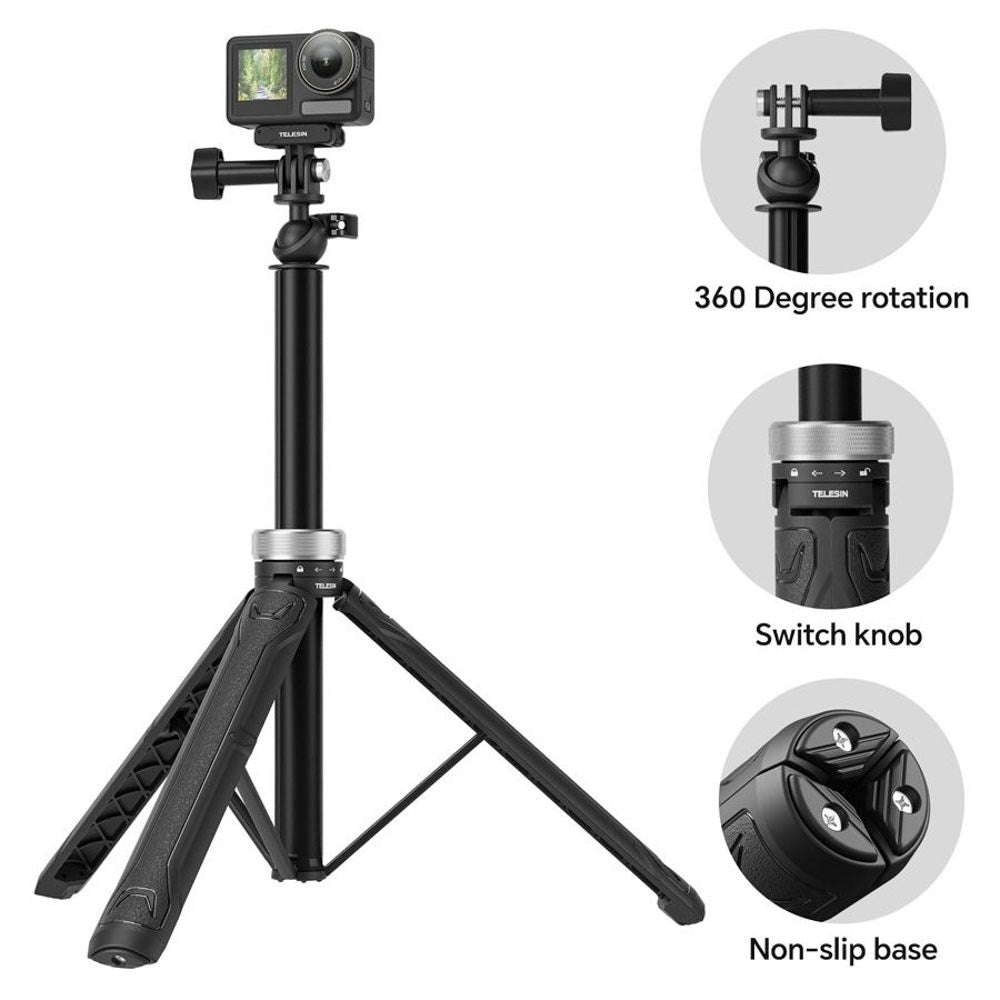 TELESIN 3-in-1 Selfie Stick with Tripod for Action Camera - Black