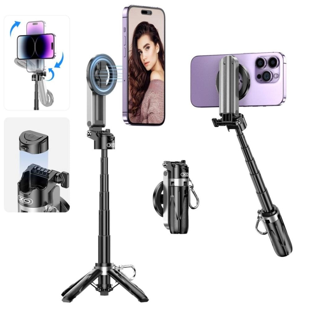XO SS22 Multifunctional Selfie Stick with Built-in Tripod & Button Shutter - MagSafe Compatible - Black
