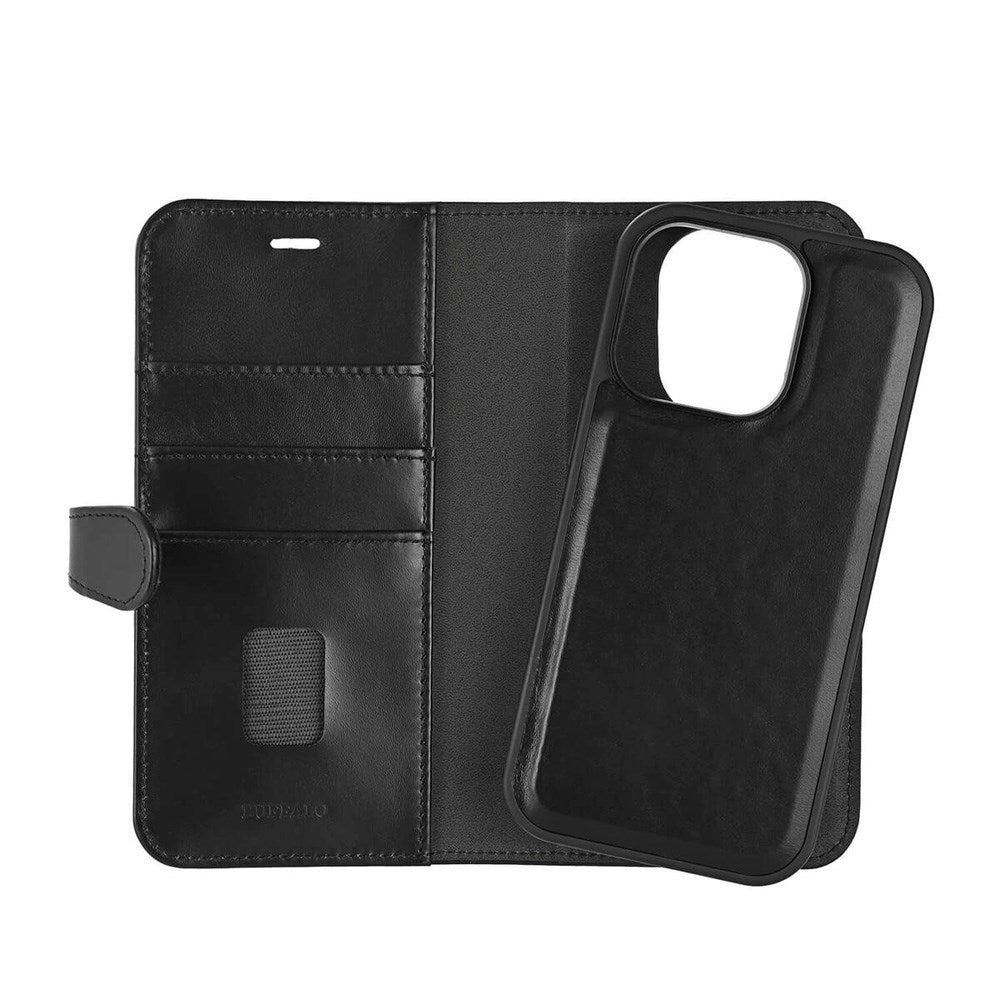 iPhone 16 Pro Buffalo 2-in-1 Wallet Genuine Leather Magnet Flip Case with Wallet - MagSafe Compatible - Black