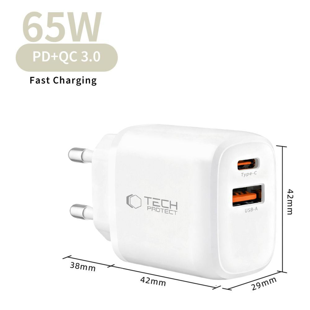 Tech-Protect 65W Wall Charger w. 1x USB-C & 1x USB-A - White