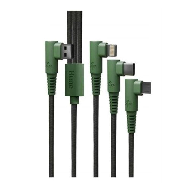 Hune Hiedra 3-in-1 USB-A Multi-Cable with Angled Connector - 1 x USB-C 1 x Lightning 1 x MicroUSB - 1.2m - Green