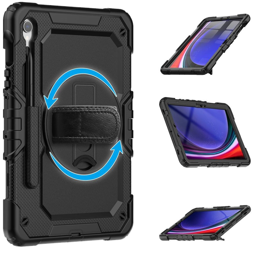 Samsung Galaxy Tab S10 FE / S9 FE Tech-Protect Solid360 Tough Case w. Protective Film, Hand Holder & Shoulder Strap - Black