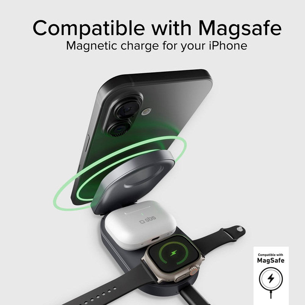 SBS Qi2 3-in-1 Foldable Wireless Charger - MagSafe Compatible - Black
