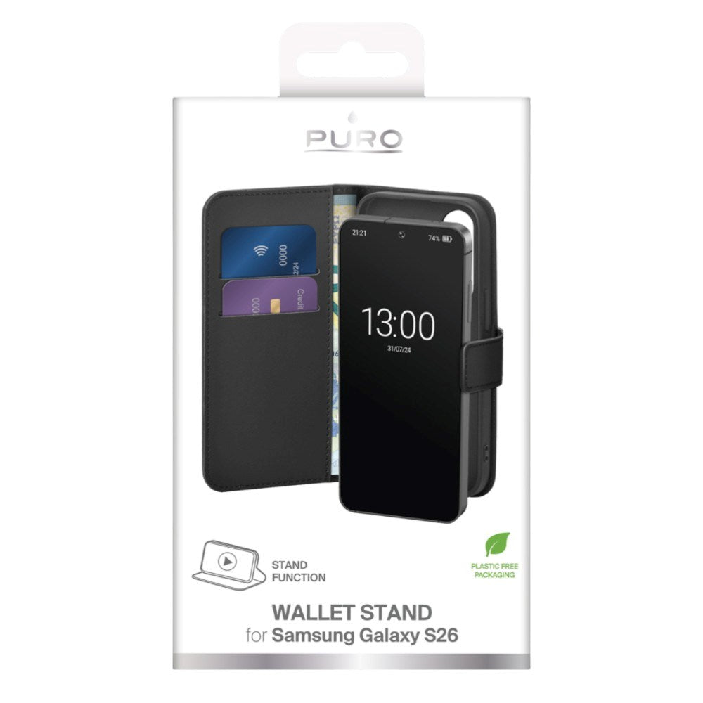 Samsung Galaxy S26 PURO Eco-Leather Flip Case with Card Holder & Stand Function - Black