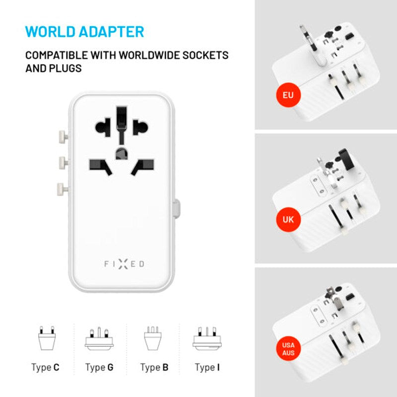 Fixed Universal Travel Adapter 85W EU / UK / USA / AUS - White