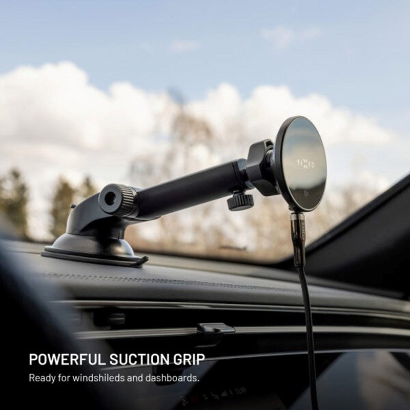 Fixed Car Phone Holder with 15W Wireless Charging - Windshield / Dashboard - Black