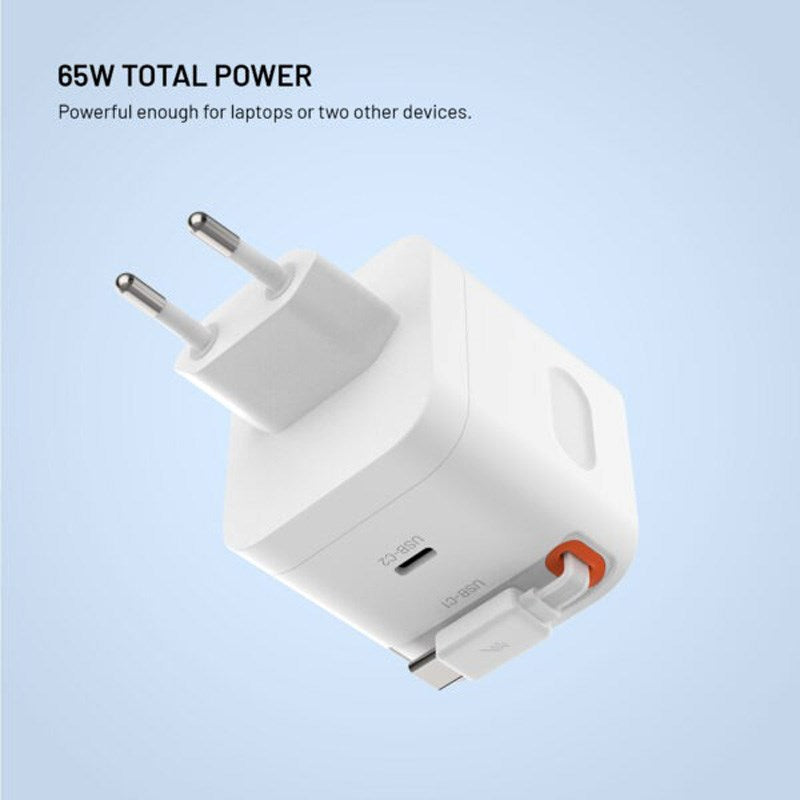 Fixed 65W USB-C Wall Charger with Retractable USB-C Cable - White
