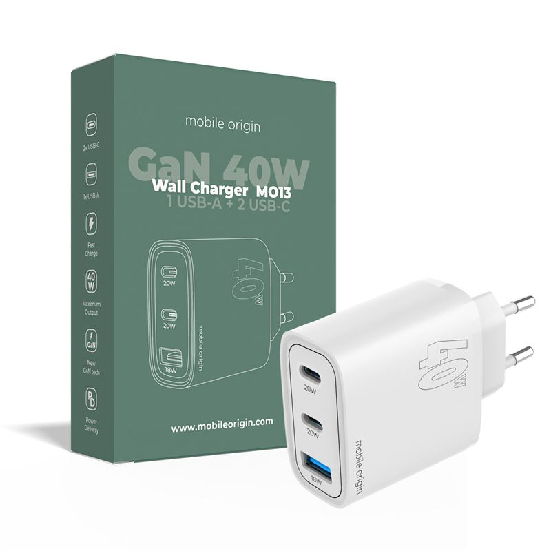 Mobile Origin GaN 40W Wall Charger with USB-A + 2 USB-C Ports - White