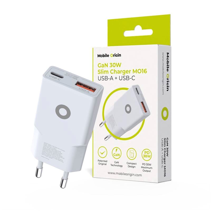 Mobile Origin MO16 30W Slim Wall Charger with 1x USB-C & 1x USB-A - White
