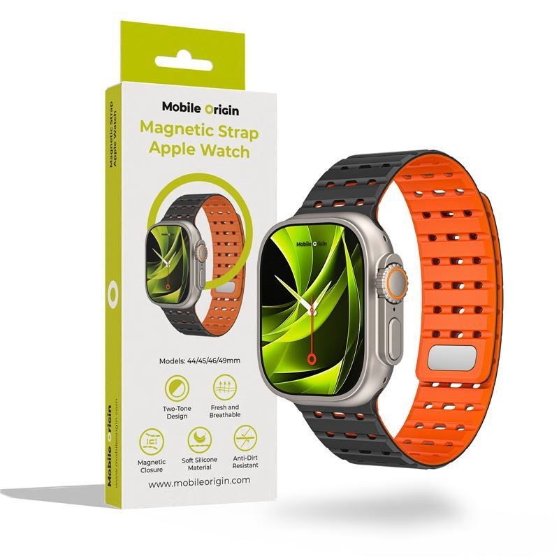 Apple Watch (42/44/SE/45/46/49mm) Mobile Origin Magnetic Silicone Strap - Black / Orange
