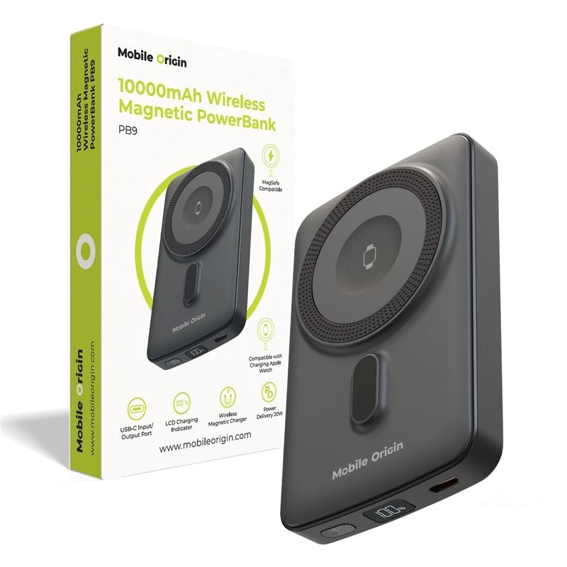 Mobile Origin 20W Powerbank for Smartphone & Apple Watch - 10,000mAh with LCD Display - USB-C Plug - Grey