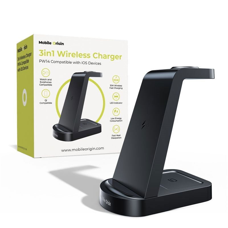 Mobile Origin 3-in-1 Wireless Charger - iPhone - Apple Watch - AirPods - MagSafe / Qi Compatible - Black