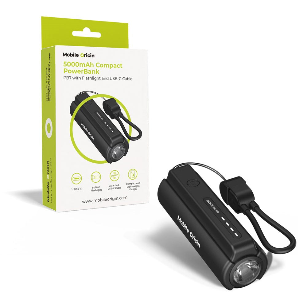 Mobile Origin 5000 mAh PowerBank with Flashlight & USB-C Cable - Black