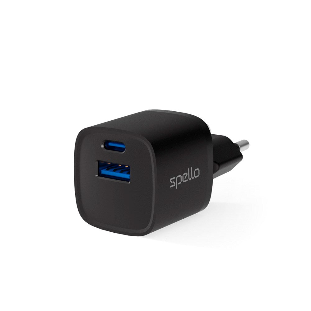 Spello 20W PD (Power Delivery) Wall Charger with 1 x USB-C 1 x USB-A- Black