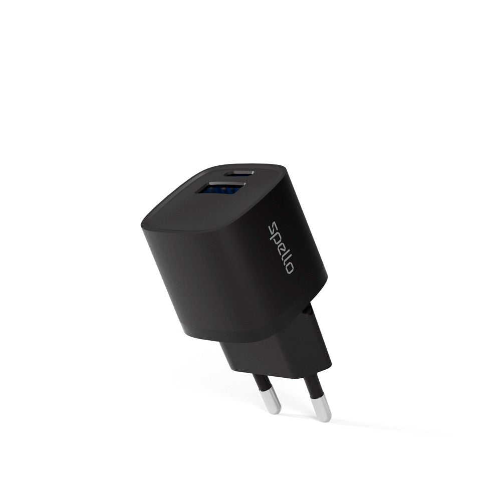 Spello 20W PD (Power Delivery) Wall Charger with 1 x USB-C 1 x USB-A- Black